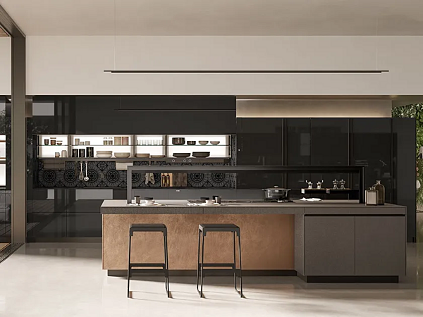 Кухня из стекла без ручек с островом глянцевый теплый черный VALCUCINE Logica Celata Vitrum фабрика VALCUCINE из Италии. Фото №1