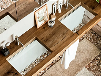 Умывальник с интегрированной столешницей из дерева Wildwood LAGO 0481 фабрика LAGO из Италии