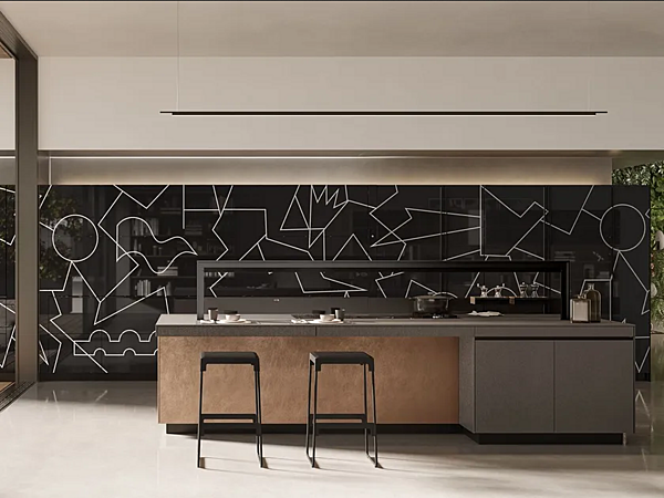Кухня из стекла без ручек с островом глянцевый теплый черный VALCUCINE Logica Celata Vitrum фабрика VALCUCINE из Италии. Фото №2