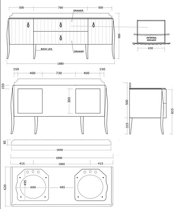 Двухместная тумба с ящиками из дерева Gentry Home Charlotte фабрика Gentry Home из Италии. Фото №2