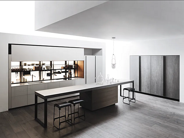 Стеклянная кухня без ручек с островом VALCUCINE Logica Celata Vitrum Glossy фабрика VALCUCINE из Италии. Фото №1