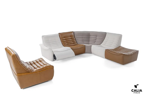 Реклайнерный секционный диван из кожи и ткани Calia Italia Fox Trot Relax PREMIUM 1063_R фабрика Calia Italia из Италии. Фото №6