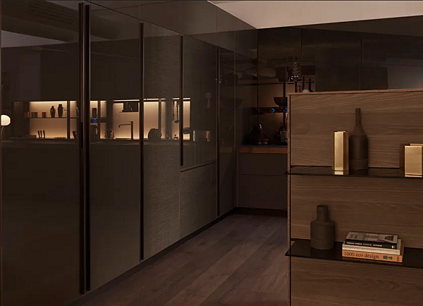 Стеклянная кухня без ручек с островом VALCUCINE Genius Loci Textile Vitrum фабрика VALCUCINE из Италии. Фото №2